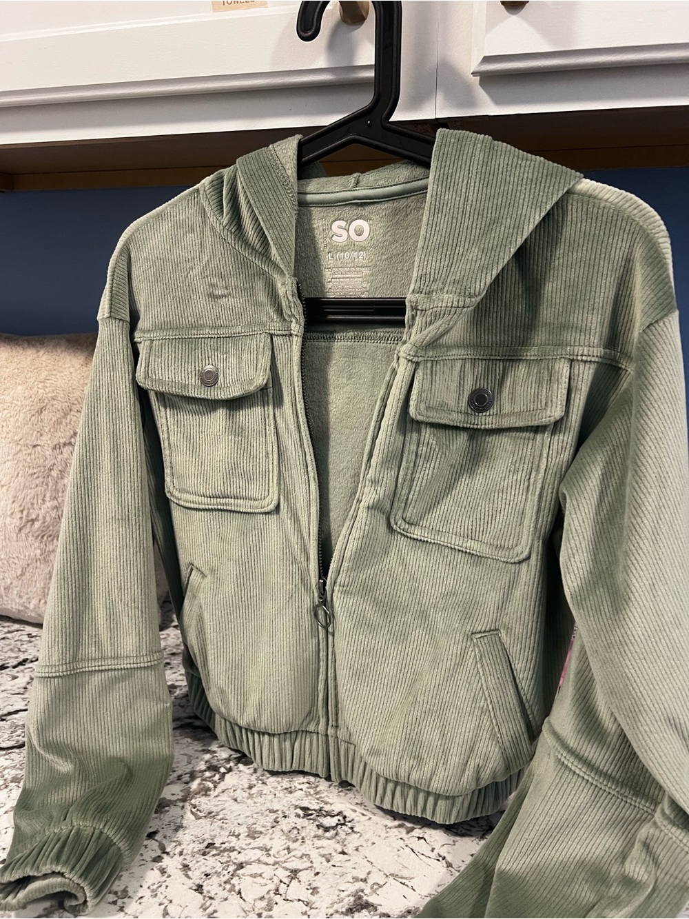 SO Kids Light Sage Green Corduroy Hooded Zip Jacket